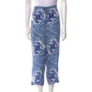 Figue‎ Goa Drawstring Blue Wide Leg Pants Size L Cropped High Rise Pompoms Trim